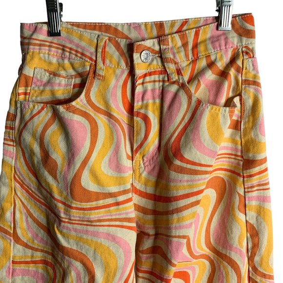 Shein Retro Wide Leg High Rise Jeans XS Orange Swirl Psychedelic 5 Pocket Zip - Picture 2 of 5